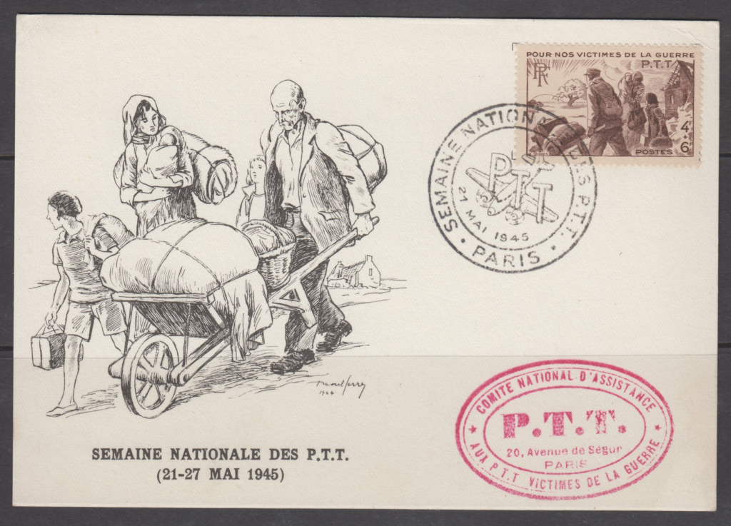 1945 French War Victims' Fund stamp and campaign card featuring displaced postal workers, with PTT Paris postmark and cachet