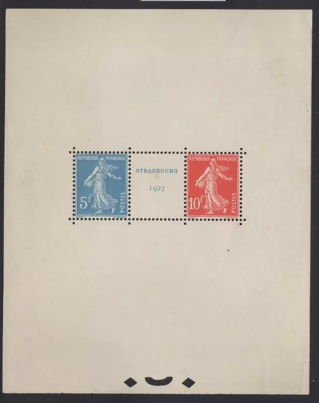 1927 Strasbourg Philatelic Exhibition miniature sheet featuring the 5f. blue and 10f. red Sower stamps with central label 'STRASBOURG 1927