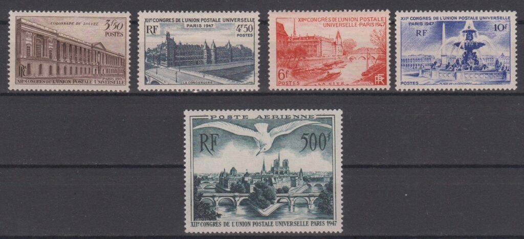 1947 Universal Postal Union Congress stamp set featuring Parisian landmarks and airmail stamp with Herring Gull over Île de la Cité