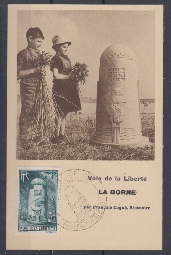France 1947 Road Maintenance Fund stamp with milestone from the Liberty Road, symbolizing Allied forces’ journey during WWII