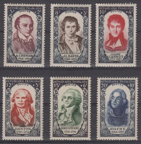 France 1950 National Relief Fund stamp set featuring revolutionary leaders André Chénier, Lazare Carnot, Robespierre