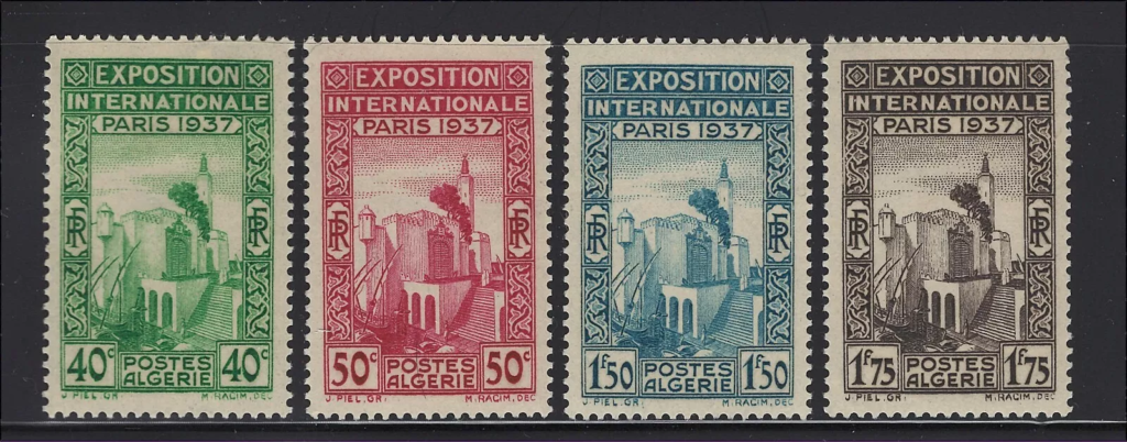 "1937 Algeria Paris International Exposition Stamps featuring Algerian Pavilion design."