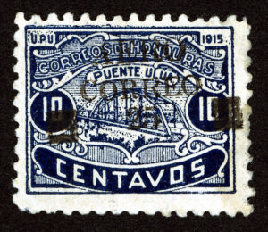 a blue and white stamp with text