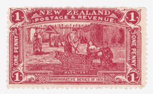 a red stamp with a picture of a woman in a room