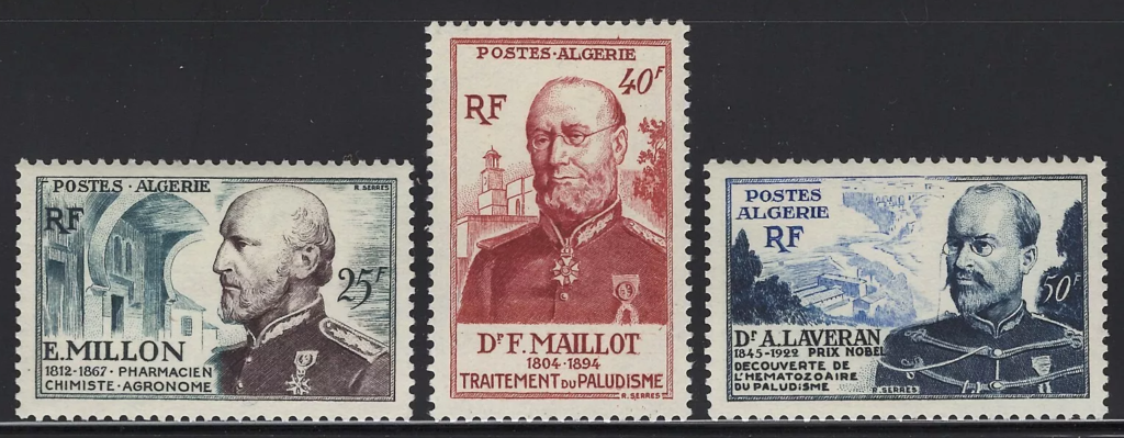"1954 Algeria Military Health Service Stamps featuring Eugène Millon, François C. Maillot, and Alphonse Laveran."