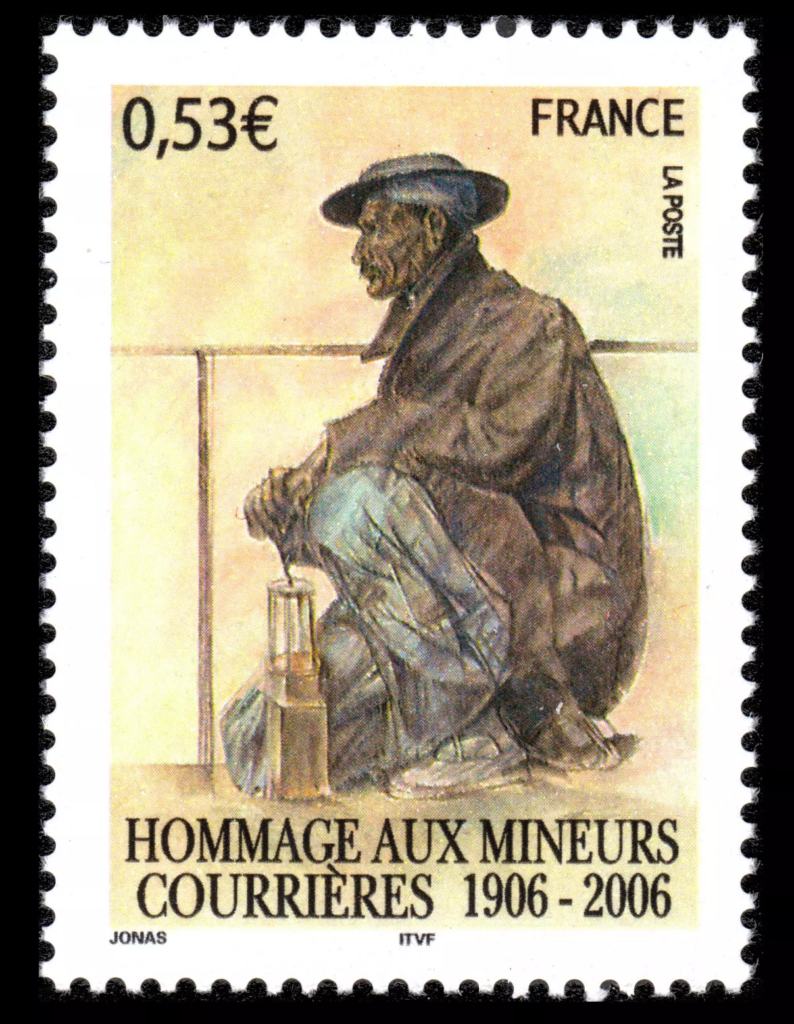 France 2006 Courrières Mine Disaster stamp featuring a miner holding a lamp, commemorating the centenary of the tragedy