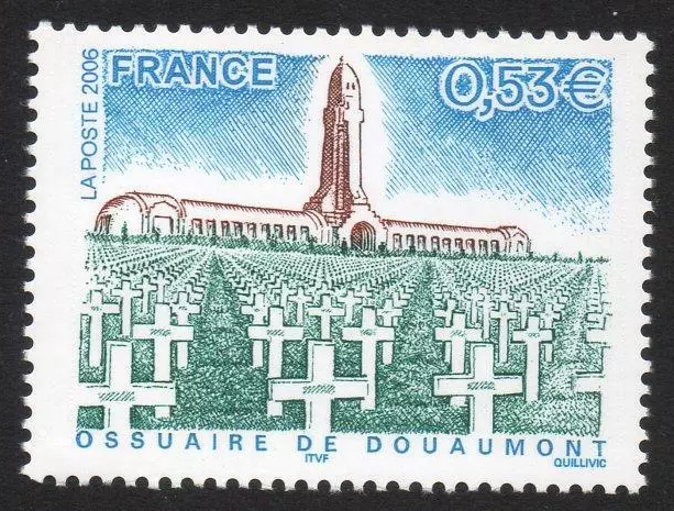 France 2006 Douaumont Ossuary stamp depicting graves and the memorial tower, commemorating the Battle of Verdun