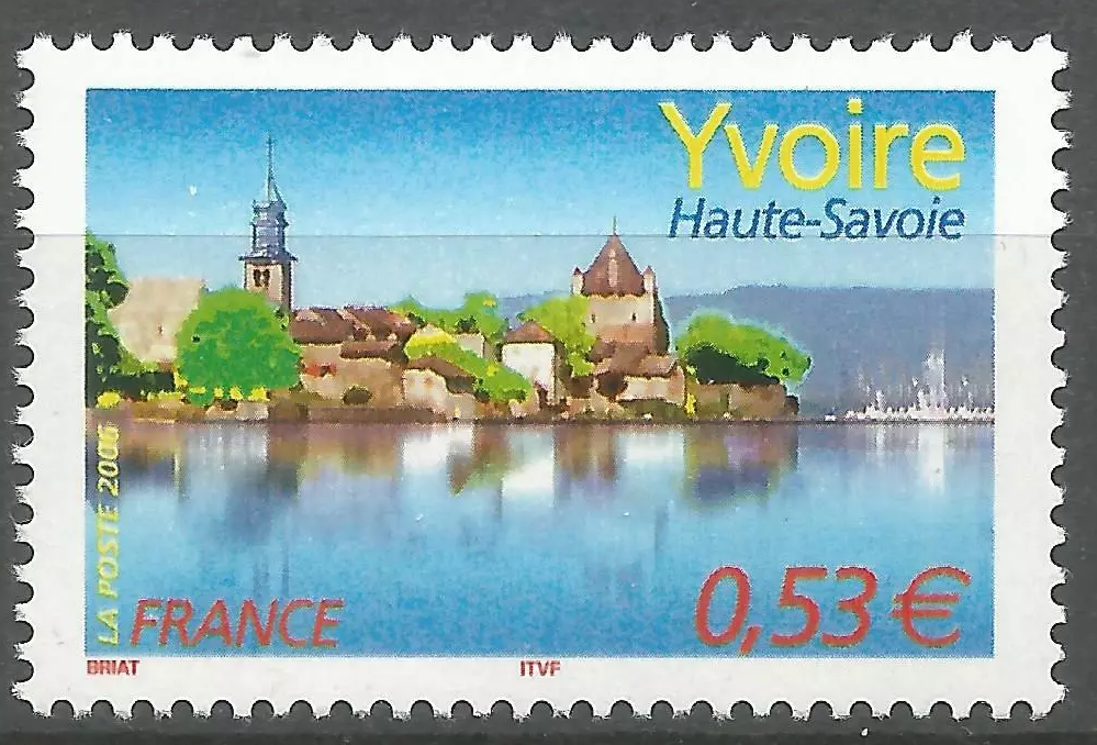 France 2006 stamp celebrating the 700th anniversary of Yvoire, featuring a view of the medieval village from Lake Geneva