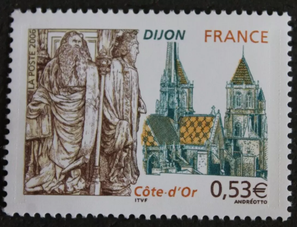 France 2006 stamp showcasing Dijon’s Well of Moses sculptures and Notre-Dame of Dijon cathedral