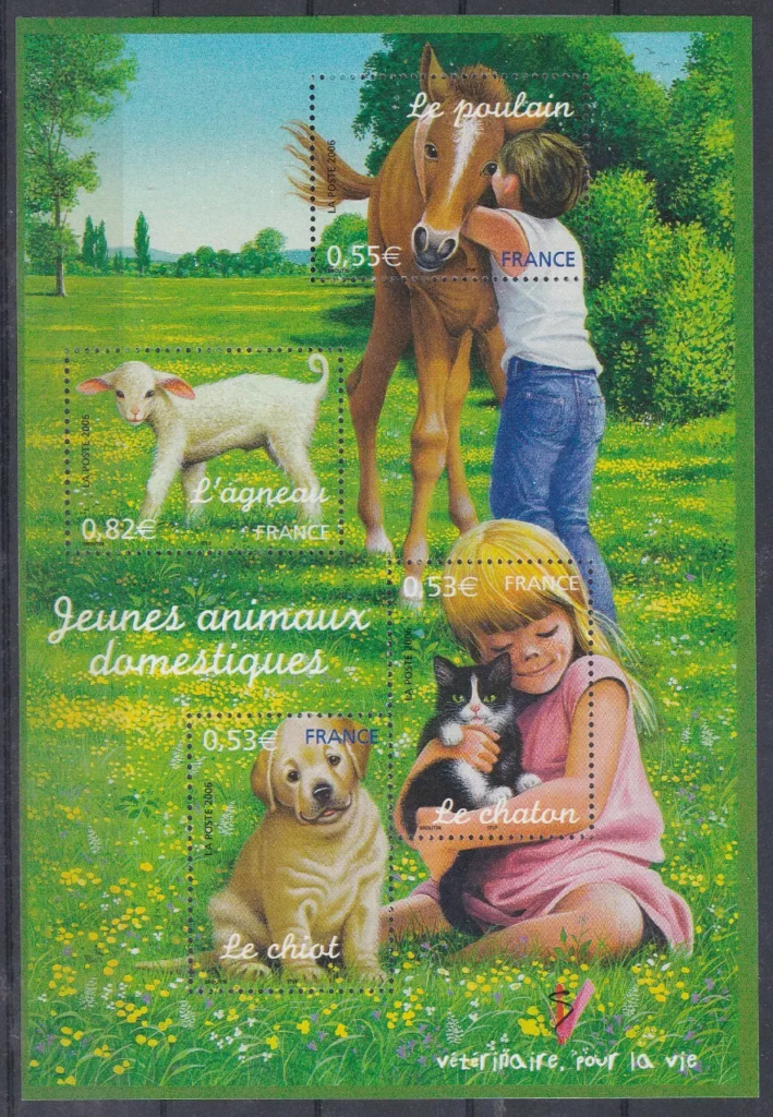 France 2006 stamp sheet featuring young domestic animals, including a puppy, kitten, foal, and lamb