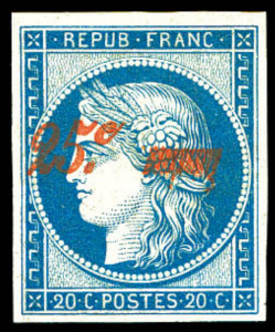 a blue and white stamp with a profile of a woman