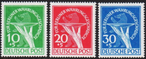 a red and blue postage stamp