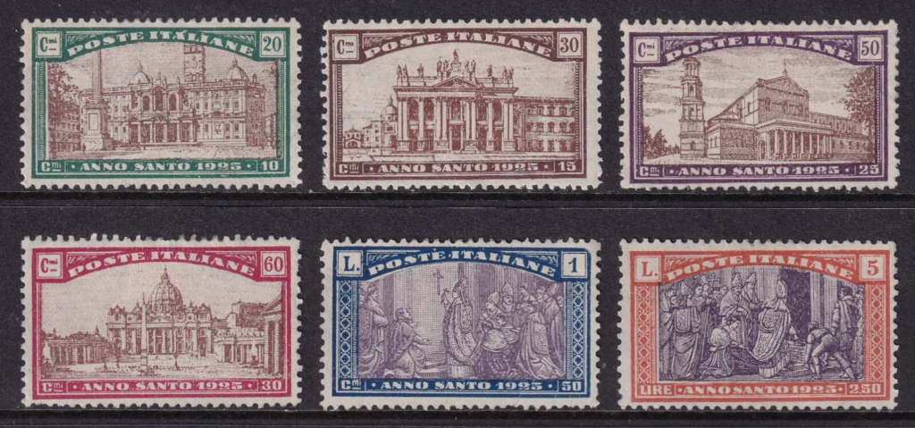 Holy Year 1925 stamp series featuring religious landmarks in Italy