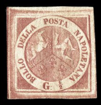 Naples 1858 first issue stamps featuring the Arms of the Two Sicilies and rose and lake color variations