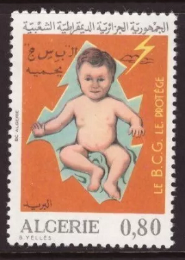 1974 Algeria Fight Against Tuberculosis stamp featuring a newborn and BCG vaccination awareness message