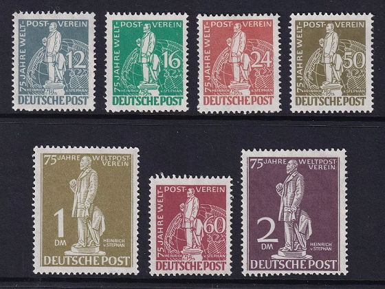German UPU stamps, 1949 Deutsche Post stamps, Heinrich von Stephan, Universal Postal Union anniversary, rare German stamps, German postal history, collectible UPU stamps, German stamp values.