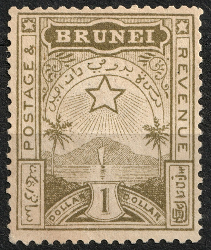 1895 Brunei stamps, Brunei Star and Local Scene, Brunei first postage stamps, rare Brunei stamps, British colonial stamps, Southeast Asian philately, Sultan Hashim stamps, McLure Macdonald & Co stamps, collectible Brunei stamps.
