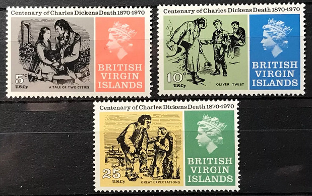 British Virgin Islands Dickens stamps, 1970 Dickens commemorative stamps, Charles Dickens literature stamps, British colonial stamps, Great Expectations stamp, Oliver Twist stamp, A Tale of Two Cities stamp, collectible literary stamps