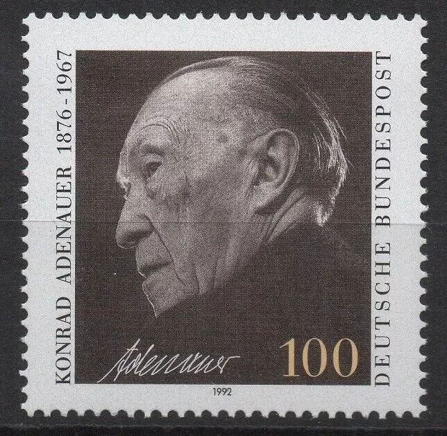 Konrad Adenauer stamp, 1992 German stamps, Deutsche Bundespost stamps, German commemorative stamps, Adenauer philately, post-war Germany stamps, European history stamps, German chancellors on stamps.