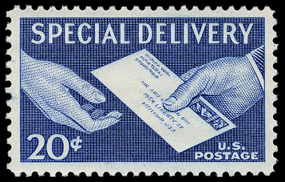 U.S. Special Delivery 20¢ stamp showing hands exchanging a letter